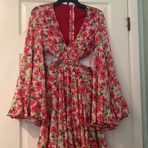 Mac Duggal Floral Print Bell Sleeve A-Line Dress - Picture 4 of 7